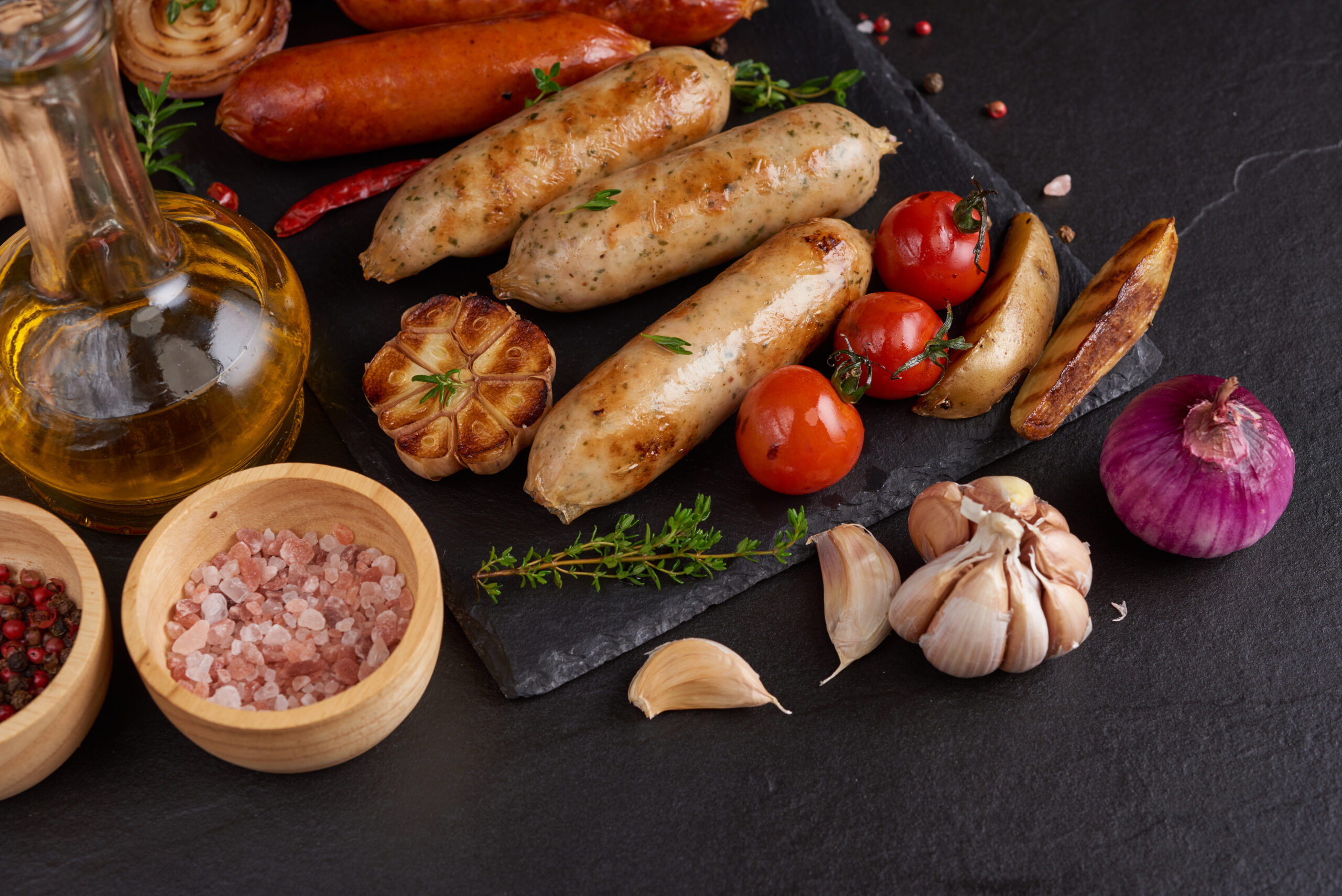 sausages and ingredients for cooking. Grilled sausage with the a Salchichas 5 un. (200 gr aprox.)